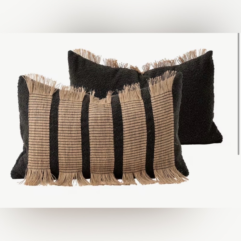 Striped Jute Fringe Decorative Pillows in Black and Tan - 10”x20”